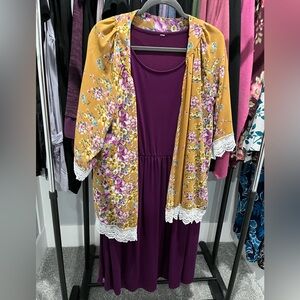 Floral Mustard Kimono with Purple Dress